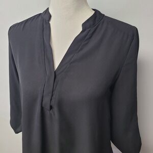 Lucid Pink Womens Black V-Neck Roll Tab Sleeve Chiffon Blouse Small B3090J0